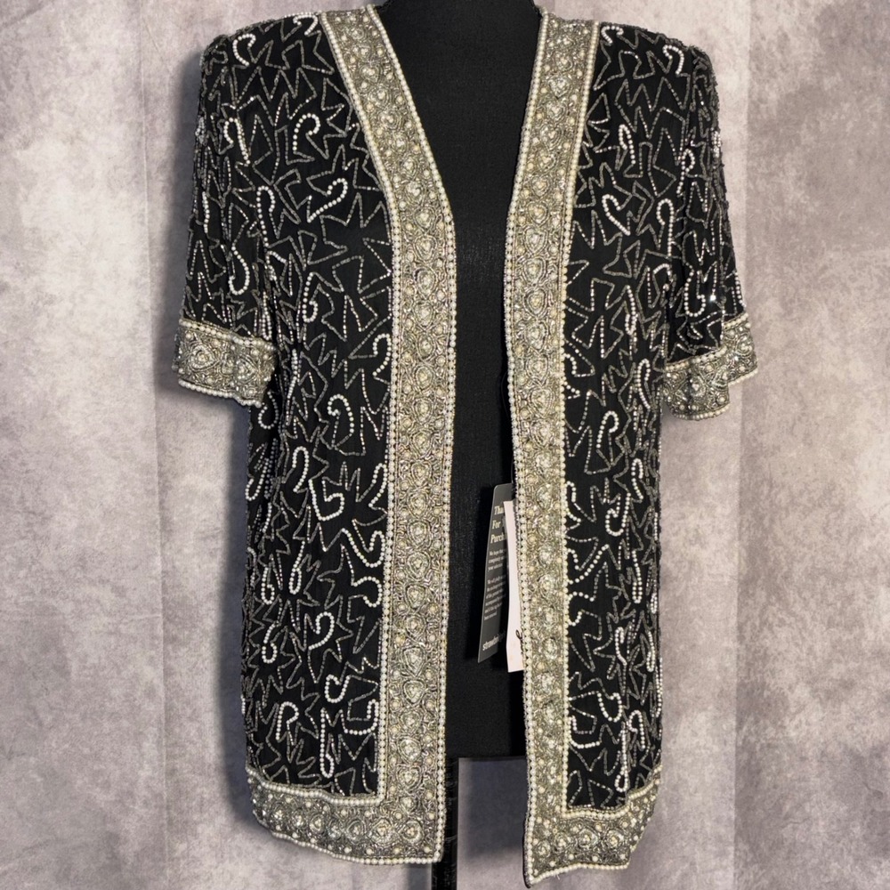 NWT Laurence Kazar Beaded Sequin Jacket Women Medium Black Silver Vintage Glam
